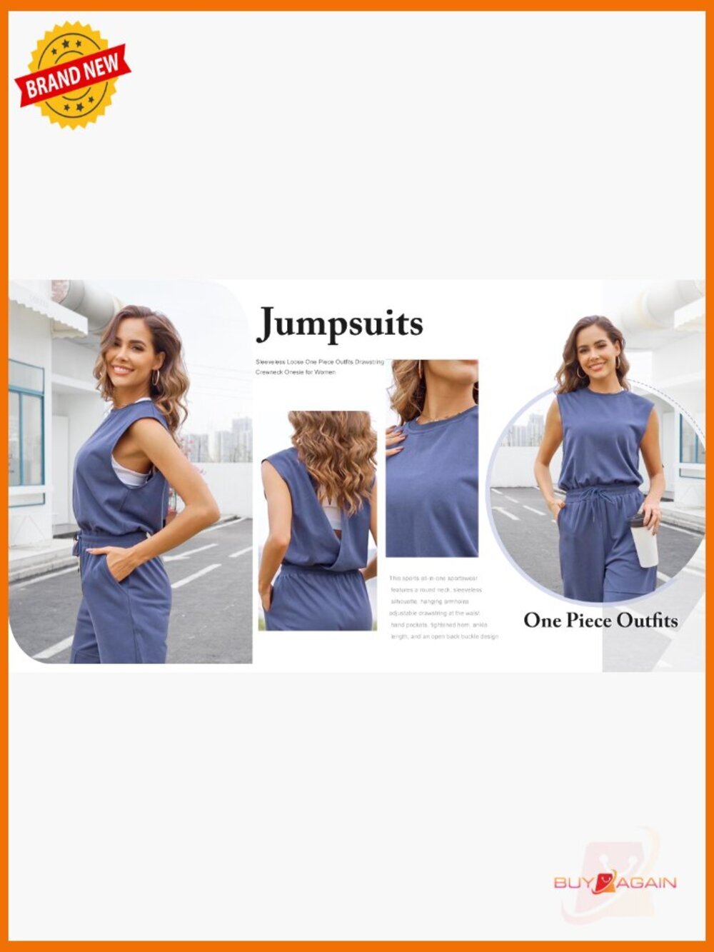 Casual Cap Sleeve Drawstring Jumpsuit Romper with Pockets - Picture 7 of 7